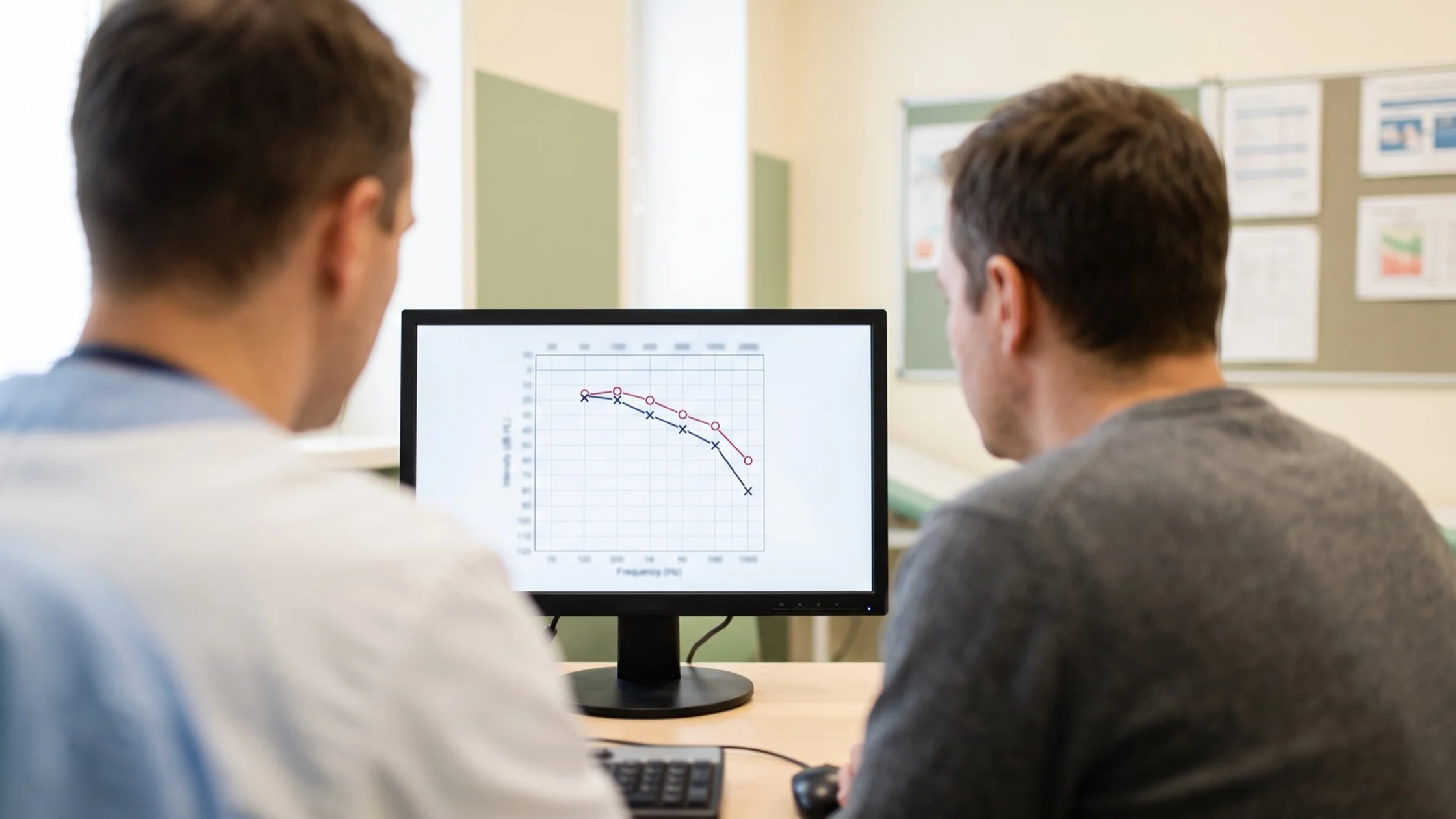 Audiogram on a clinic screen showing high-frequency hearing loss, with a patient and audiologist reviewing the results together