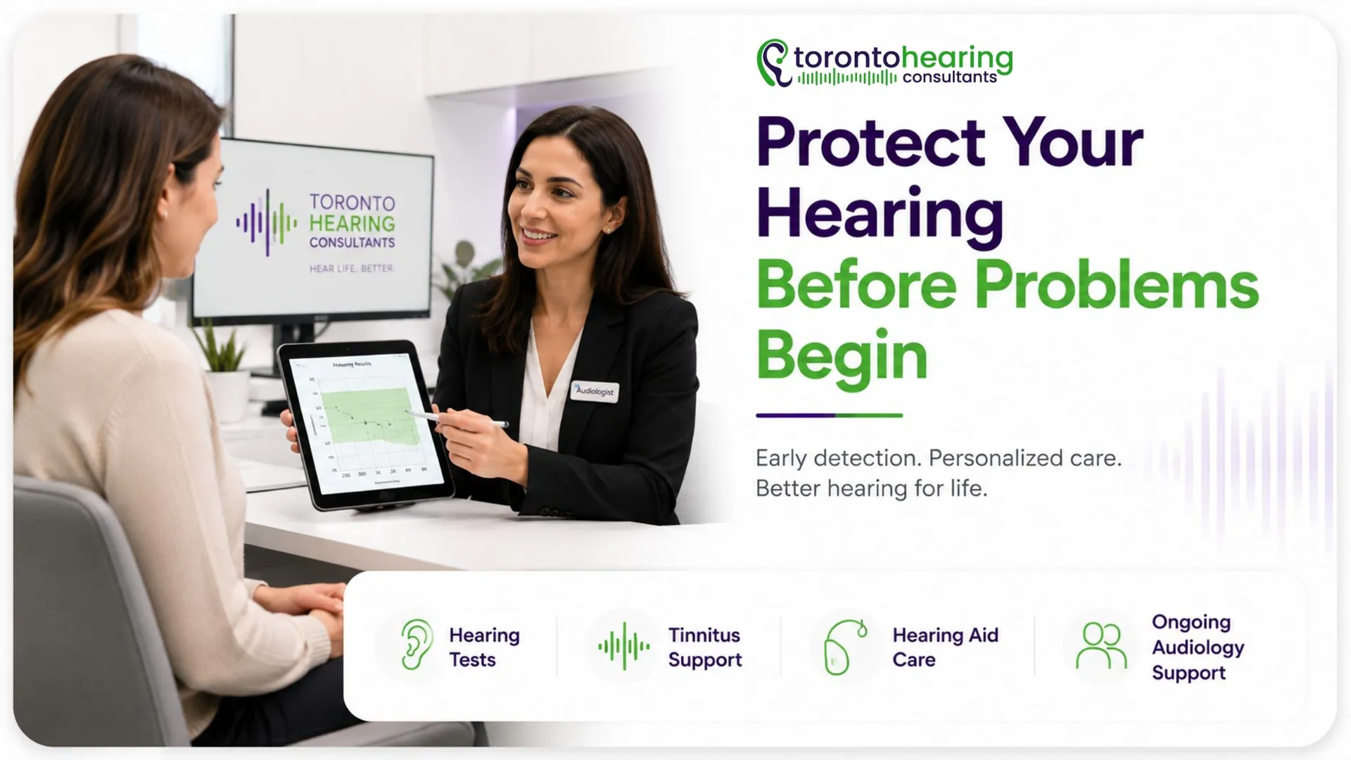 Audiologist reviewing hearing test results with a patient during a hearing consultation focused on early detection and hearing health protection