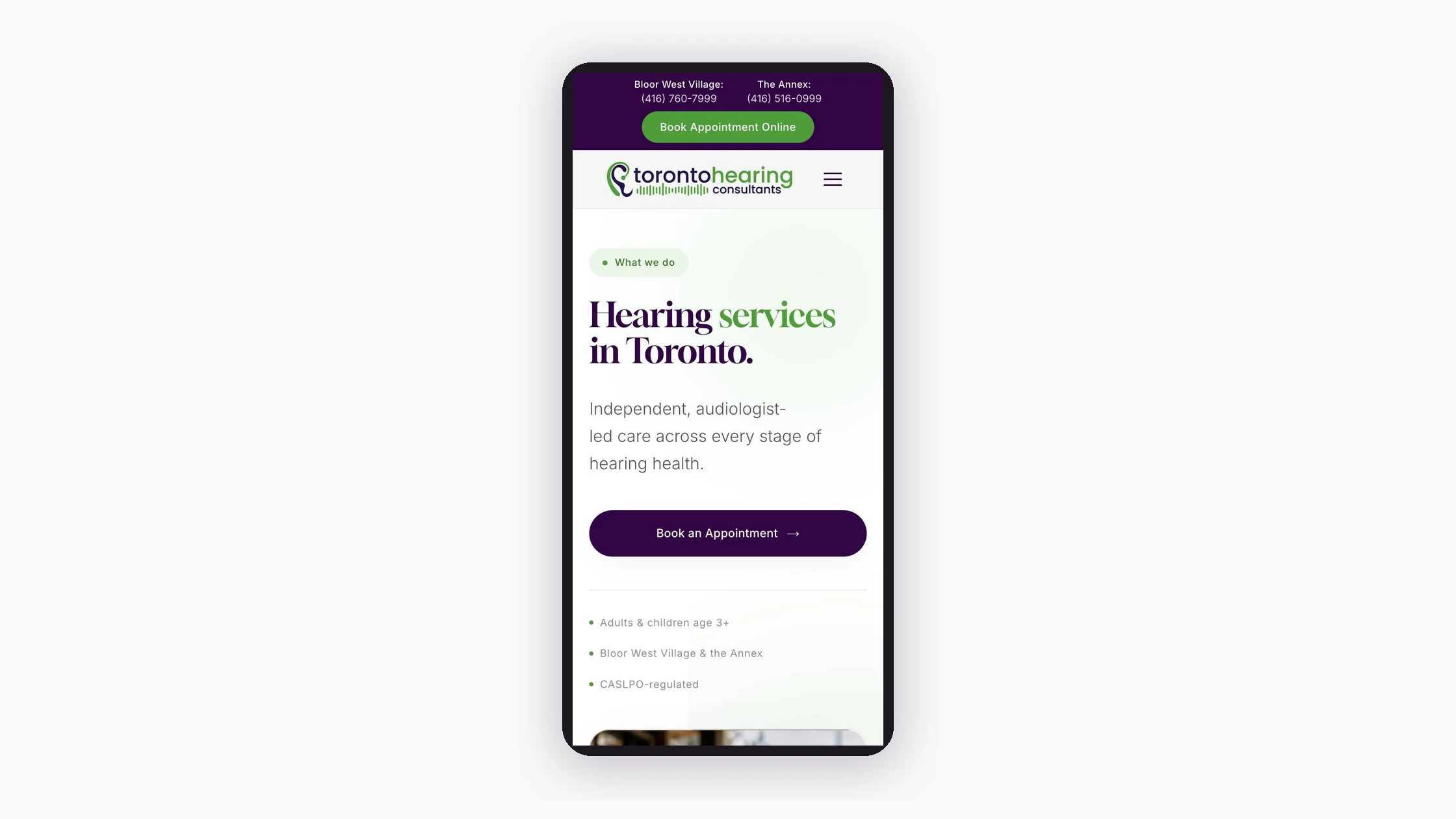 Screenshot of the Toronto Hearing Consultants website on a phone, showing the new top bar with both clinic numbers side by side and a Book Appointment Online button beneath them