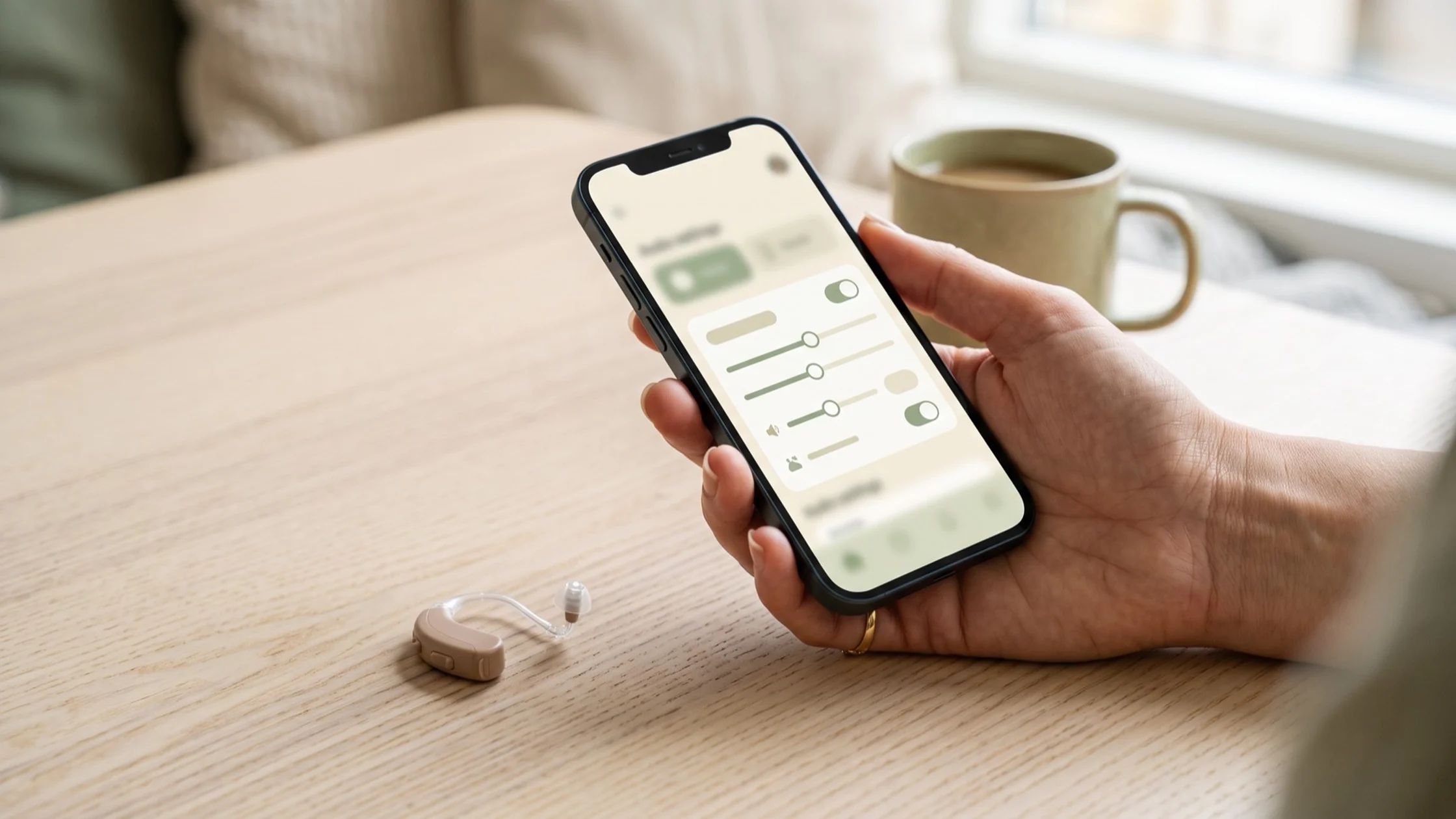 Close-up of a hand adjusting tinnitus sound therapy settings for a hearing aid using a smartphone app