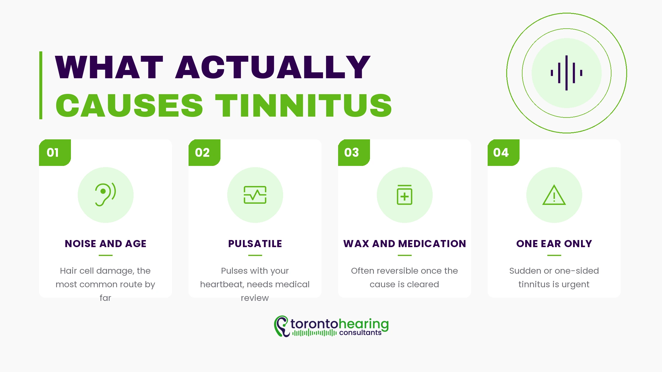 Infographic showing the main routes into tinnitus, covering noise and age damage to inner ear hair cells, impacted earwax, ototoxic medication, and when one-sided or pulsatile tinnitus needs urgent assessment