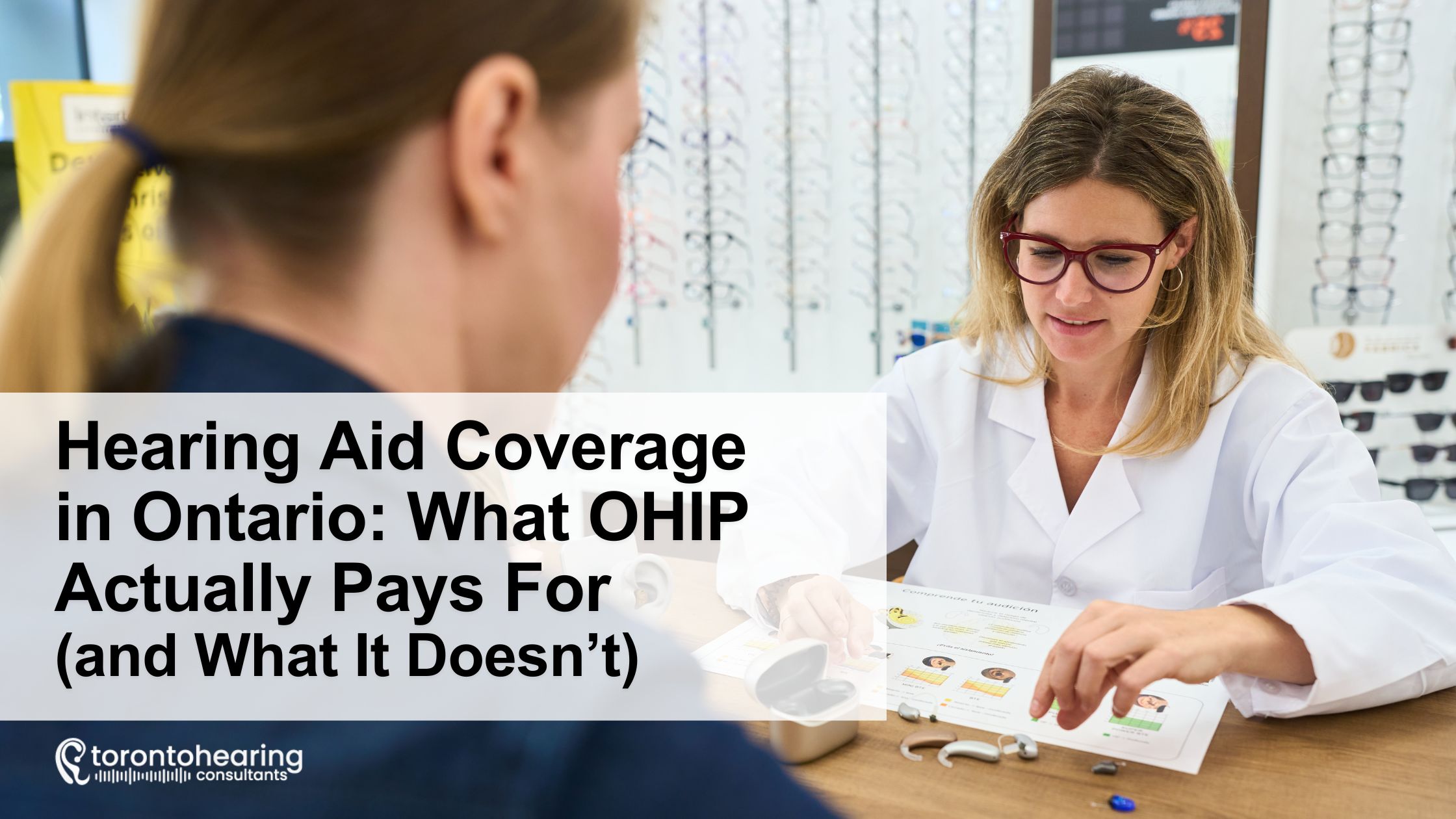 Hearing specialist at Toronto Hearing Consultants explaining hearing aid options to a patient while discussing OHIP coverage for hearing aids in Ontario.