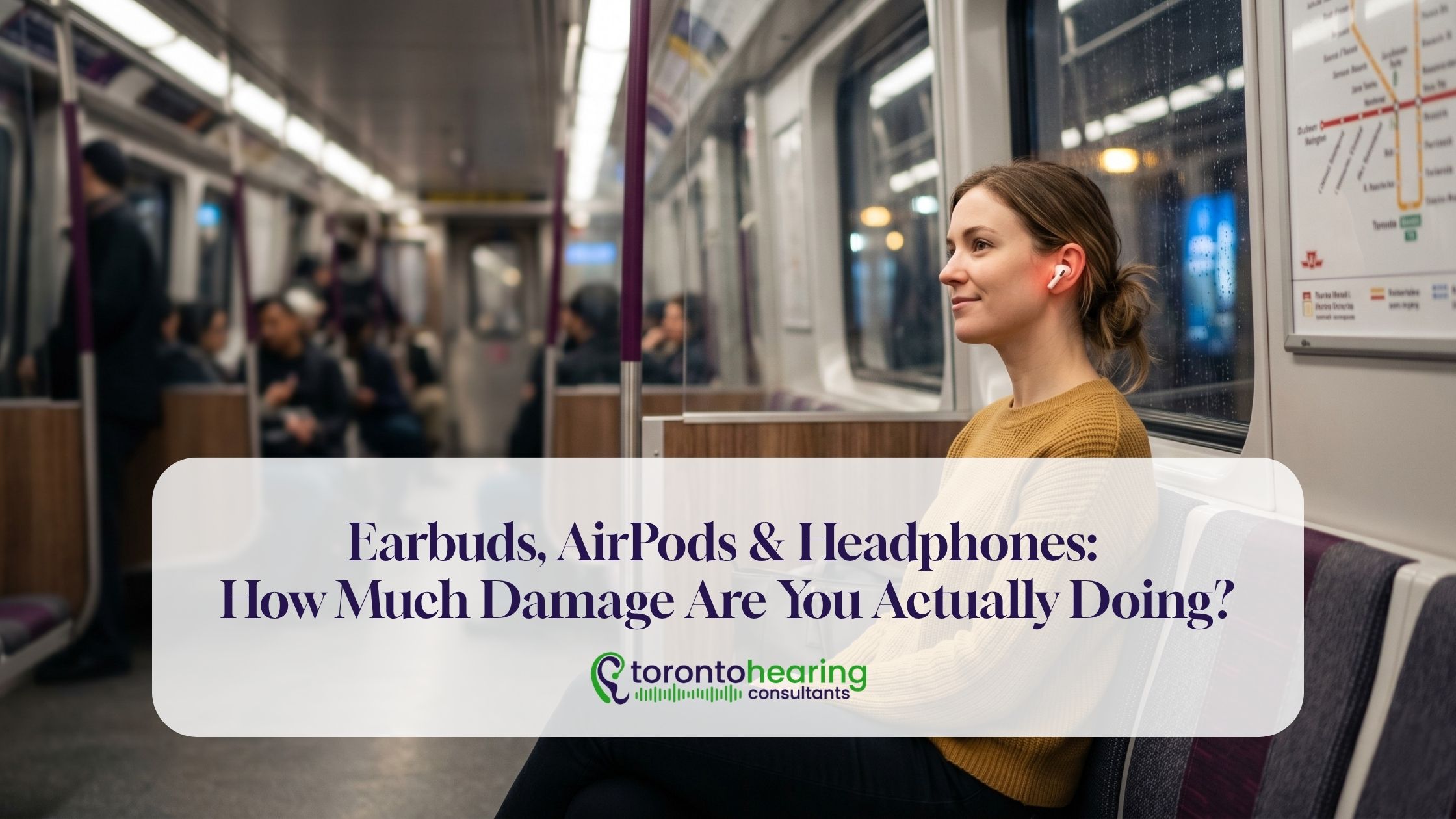 Woman wearing wireless earbuds while riding public transit, illustrating potential hearing damage risks from earbuds, AirPods, and headphones
