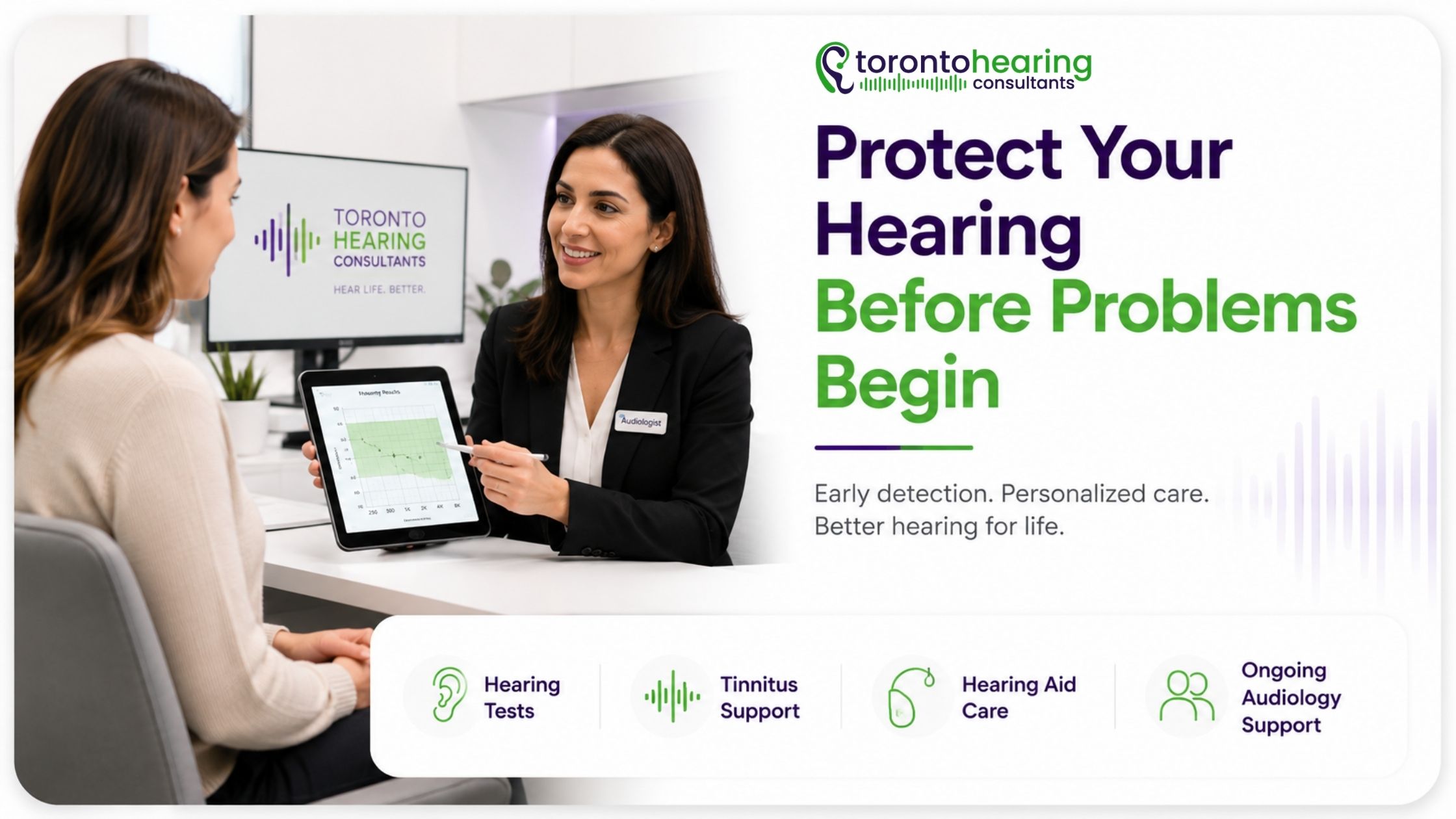 Audiologist reviewing hearing test results with a patient during a hearing consultation focused on early detection and hearing health protection